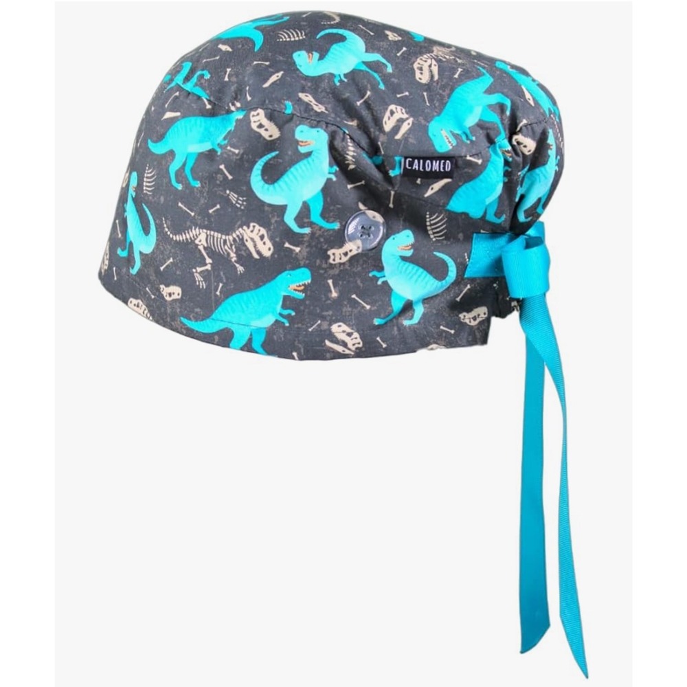 Calomed Scrub Cap Surgical Hat Ties Adjustable Dinosaurs on Gray